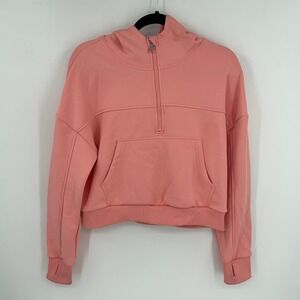 Pink Cropped Quarter Zip Hoodie‎ Fleece Lined Thumbholes Athletic